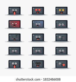 Cute laptop with emoticons set