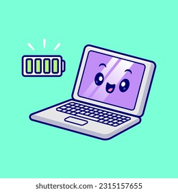 Cute Laptop Full Battery Cartoon Vector Icon Illustration. Technology Object Icon Concept Isolated Premium Vector. Flat Cartoon Style