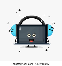 Cute laptop mascot listening to music