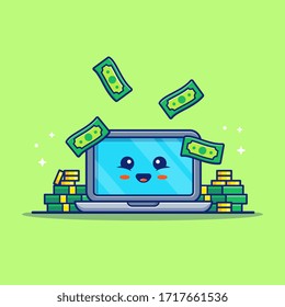 Cute Laptop And Money Cartoon Vector Icon Illustration. Business And Finance Icon Concept White Isolated. Flat Cartoon Style Suitable for Web Landing Page, Banner, Sticker, Background
