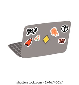 A cute laptop of a young student or a pupil with various stickers. Vector cartoon style isolated illustration.