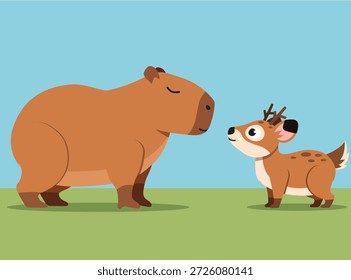 cute large capybara and small deer fawn standing together on green grass. friendly animal interaction against a blue sky.