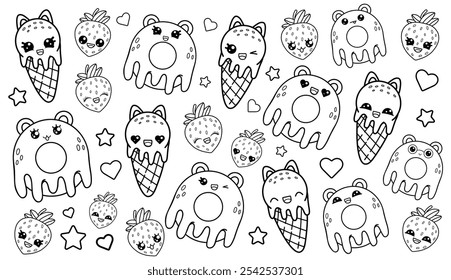 Cute large collection of children's coloring pages in kawaii style. Isolated food vector illustration on white background