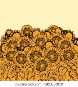 Cute large golden oil helianthus head isolated on blue heaven scenery backdrop. Bright gold color hand drawn eco image sign icon in modern art cartoon style on space for text. Scenic old village view