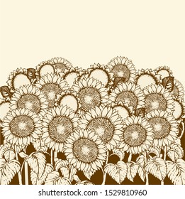 Cute large golden oil helianthus head isolated on blue heaven scenery backdrop. Bright gold color hand drawn eco image sign icon in modern art cartoon style on space for text. Scenic old village view