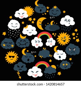 Cute large weather forecast icon set in cartoon style (clouds, sun, moon, rain, thunderstorm, stars, snow, rainbow). Hand drawn illustration on weather forecast theme.