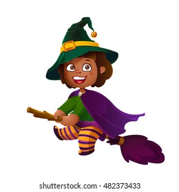 Cute Latina Girl Witch on the Broom. Happy Halloween. Trick or Treat, Cartoon Illustration. Witch flying on a broomstick isolated on white background
