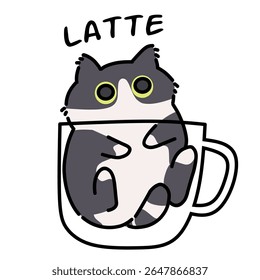 Cute latte coffee cat illustration. Simple cartoon cat coffee style 