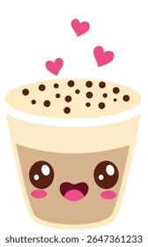 Cute latte cup with blushy face, brown foam, and pink hearts steam, great for romantic coffee designs and love-themed artwork.