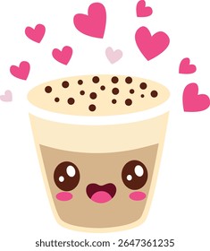 Linda taza de café con leche con cara sonriente, salpicaduras de corazón y cobertura de espuma marrón, perfecto para imágenes de San Valentín, arte romántico del café o temas dulces.