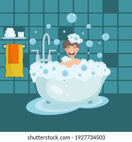 Un chico gracioso que se ríe tomando un baño lleno de sopas de jabón en un fondo verde. Un charco de agua debajo del cuarto de baño. Ilustración vectorial al estilo de las caricaturas. El interior del cuarto de baño, con bañera en azulejos.