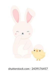 Cute laughing bunny and chick with eggshell on his head, isolated on white background. Flat vector illustration