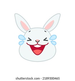 Cute laughing bunny face. Flat cartoon illustration of a funny little gray rabbit laughing to tears isolated on a white background. Vector 10 EPS.