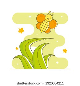 Cute laughing butterfly flying above green grass surrounded with butterflies and sparkles. Funny cartoon character. Green blob background. Linear style illustration. Vector.
