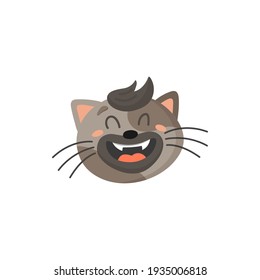 Un lindo gato riéndose con un emoticono de mascota de casa aislado. El vector rayó al gato gris con la boca abierta y los bigotes, la cabeza felina, la cara linda de tabby al reír. Emoji felino, avatar loco de mascota de casa adorable