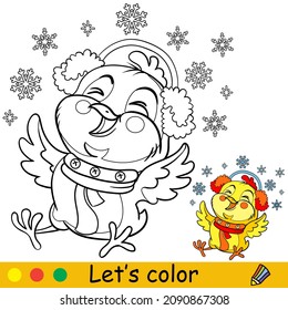 Cute laughing chicken with snowflakes. Cartoon chicken character. Vector isolated illustration. Coloring book with colored exemple. For card, poster, design, stickers, decor,kids apparel