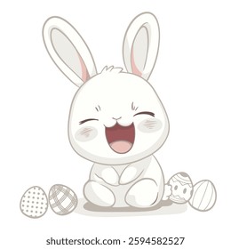Cute Laughing Easter Bunny with Decorated Eggs