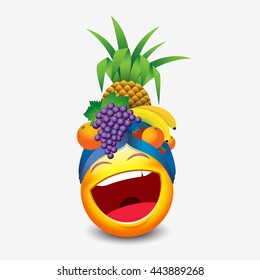 Cute laughing emoticon wearing fruit hat, emoji, smiley - vector illustration