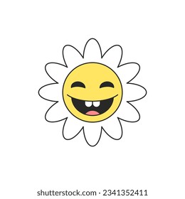 Cute laughing flower chamomile portrait cartoon character comic mascot retro 30s animation style icon vector flat illustration. Funny smile blossom floral plant bud petals positive face emoticon
