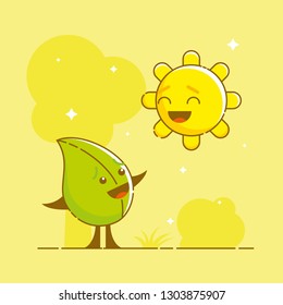 Cute laughing friends: a leaf and the sun. Funny cartoon characters. Tree, grass, sparkles and a bush in the background. Linear style illustration. Vector.