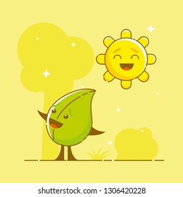 Cute laughing friends: a leaf and the sun. Funny cartoon characters. Tree, grass, sparkles and a bush in the background. Linear style illustration. Vector.