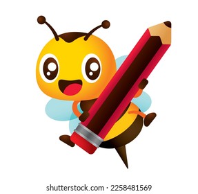 Cute laughing honey bee carrying big pencil for education theme use. Back to school concept illustration