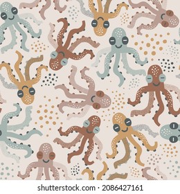 Cute Laughing Octopus vector seamless pattern. Boho earthy colours sea creatures background. Scandinavian decorative childish surface design for nautical nursery and navy kids fabric.