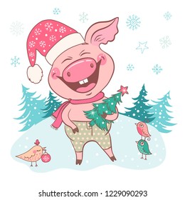 Cute laughing pig dressed in a hat with snowflakes. Piglet holding a Christmas tree. Snow forest backdrop isolated on white. Vector template for greeting card, print. Trendy symbol of 2019 new year.