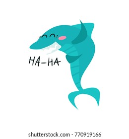 Cute laughing shark cartoon character, funny blue fish vector Illustration
