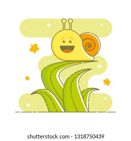 Cute laughing snail on green grass surrounded with butterflies and sparkles. Funny kawaii character. Green blob background. Linear style illustration. Vector.