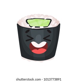 Cute laughing sushi character, roll with funny face cartoon vector Illustration