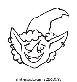 A cute laughing witch in a hat with strange and long pierced ears. The face of a witch. Cartoon Halloween character. Hand-drawn vector illustration in doodle style. For children's parties, cards.