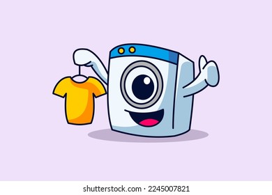 cute laundry washing machine mascot who is washing and delivering feed happily