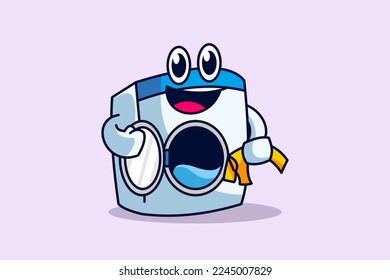 cute laundry washing machine mascot who is washing and delivering feed happily