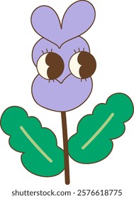 Cute lavender flower character with big eyes and green leaves
