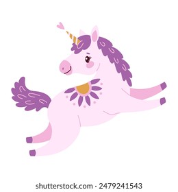 Cute lavender magical unicorn. Romantic magical pony Hand drawn flat style isolated for Greeting card, poster, print, t-shirt, party concept, kids books, wallpapers. Vector illustration