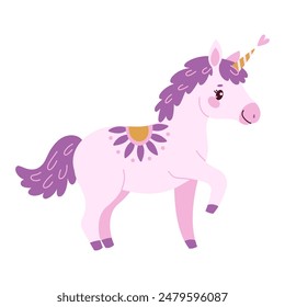 Lindo unicornio mágico de lavanda. Romántico pony mágico dibujado a mano estilo plano aislado para tarjeta de felicitación, póster, impresión, camiseta, concepto de fiesta, libros para niños, Fondos de pantalla. Ilustración vectorial