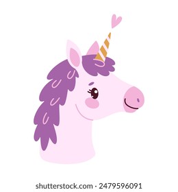 Cute lavender magical unicorn. Romantic magical pony Hand drawn flat style isolated for Greeting card, poster, print, t-shirt, party concept, kids books, wallpapers. Vector illustration