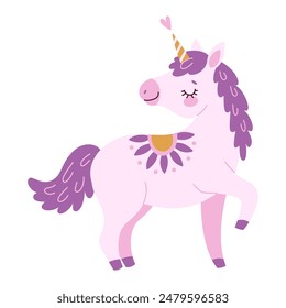 Lindo unicornio mágico de lavanda. Romántico mágico, unicornio dormido Dibujado a mano estilo plano aislado para tarjeta de felicitación, póster, impresión, camiseta, concepto de fiesta, libros para niños, Fondos de pantalla. Ilustración vectorial