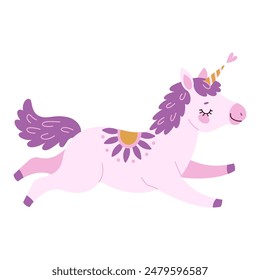 Cute lavender magical unicorn. Romantic magical, sleeping unicorn Hand drawn flat style isolated for Greeting card, poster, print, t-shirt, party concept, kids books, wallpapers. Vector illustration