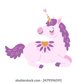 Lindo unicornio mágico de lavanda. Romántico mágico, unicornio dormido Dibujado a mano estilo plano aislado para tarjeta de felicitación, póster, impresión, camiseta, concepto de fiesta, libros para niños, Fondos de pantalla. Ilustración vectorial