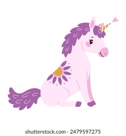 Lindo unicornio mágico de lavanda. Romántico unicornio mágico sentado dibujado a mano estilo plano aislado para tarjeta de felicitación, póster, impresión, camiseta, concepto de fiesta, libros para niños, Fondos de pantalla. Ilustración vectorial