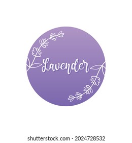 Cute lavender round vector design element, sticker, label with doodle, hand drawn lavender flowering plants.