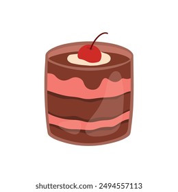 Cute layered chocolate strawberry pudding panna cotta with cherry topping. Sweet dessert food animated cartoon vector illustration isolated on transparent background