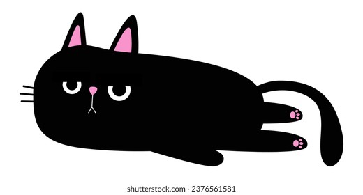 Un gato negro tendido. Funny y triste silueta de cabeza de cara. Cuerpo con huella de pata rosa, cola. Mau. Caricatura lindo, personaje de bebé. Animal Kawaii. Colección de mascotas. Diseño plano. Fondo blanco. Aislado. Vector