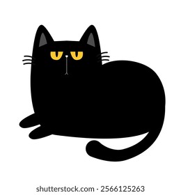 Cute laying cat. Funny kitten with yellow eyes. Sad face head. Black silhouette icon. Kawaii pet animal. Cartoon funny character. Childish style. Happy Halloween. Flat design. White background. Vector