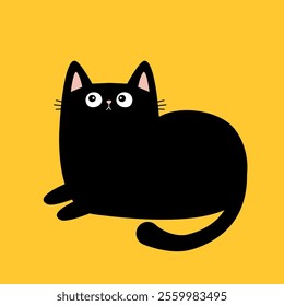 Cute laying cat. Kawaii face head. Funny kitten with looks up. Pet animal. Black silhouette icon. Cartoon funny character. Childish style. Happy Halloween. Flat design. Yellow background. Vector