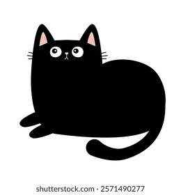 Cute laying cat. Kawaii face head. Funny kitten with looks up. Pet animal. Black silhouette icon. Cartoon funny character. Childish style. Valentines Day. Flat design. White background. Vector