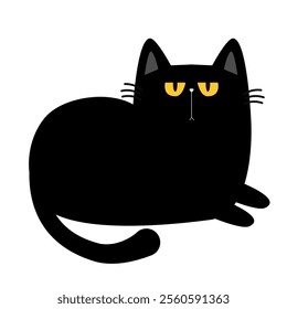 Cute laying cat. Sad face head. Funny kitten with yellow eyes. Black silhouette icon. Kawaii pet animal. Cartoon funny character. Childish style. Happy Halloween. Flat design. White background. Vector