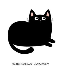 Cute laying cat. Sad face head. Funny kitten with looks up. Black silhouette icon. Kawaii pet animal. Cartoon funny character. Childish style. Happy Halloween. Flat design. White background. Vector